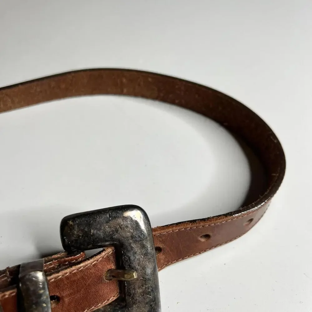 Eddie Bauer Leather Belt‎ Mens 34 Brown Silver Buckle Casual Distressed Classic